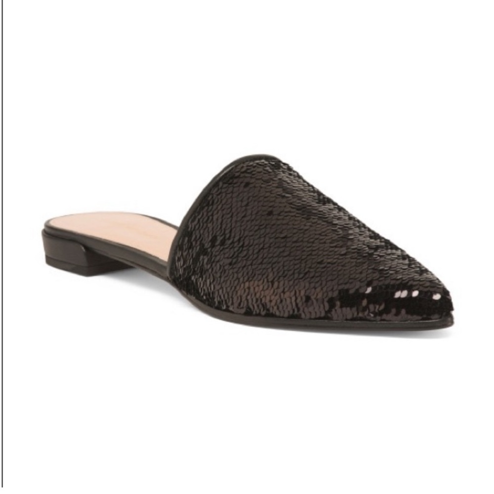 Stuart Weitzman Carlo sequin sandals flats mules slides black 7.5